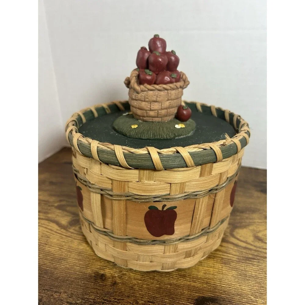 Vintage Apple Basket Cookie Jar Canister Woven Wood Country Cottage Decor Box